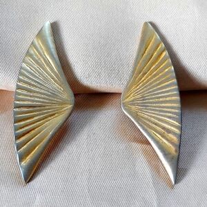 Jilbari Earrings Runway Clip-ons Fan Modern Design Goldtone Vintage‎